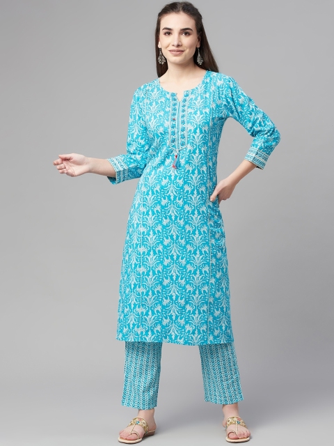 

Ardozaa Women Turquoise Blue Ethnic Motifs Printed Pure Cotton Kurta with Trousers