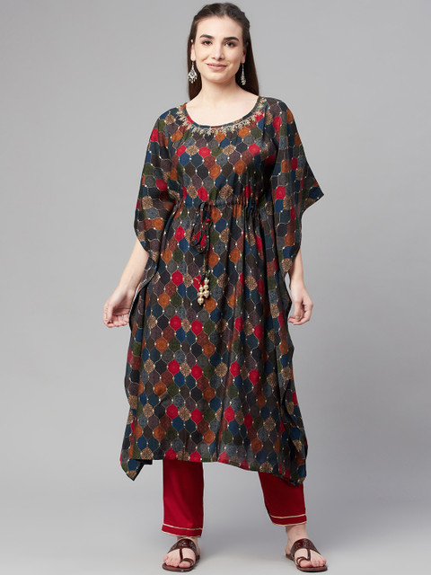 

Ardozaa Women Navy Blue Ethnic Motifs Printed Chanderi Silk Kaftan Kurta with Trousers