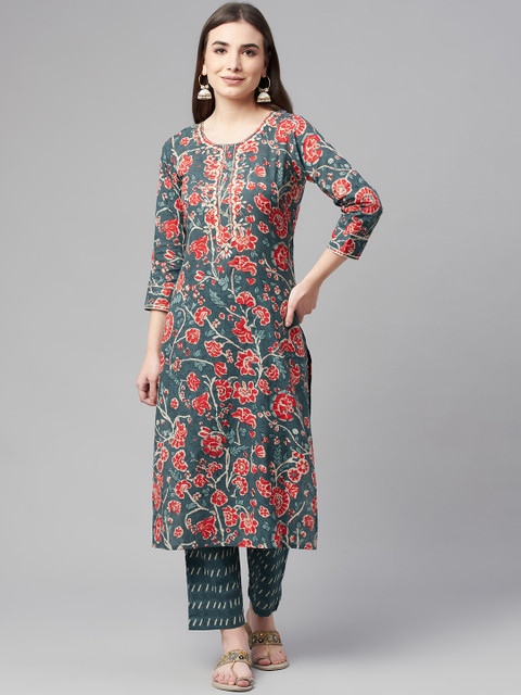 

Ardozaa Women Teal Blue Floral Printed Pure Cotton Kurta with Trousers