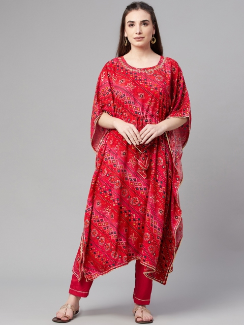 

Ardozaa Women Red Bandhani Printed Kaftan Kurta with Trousers