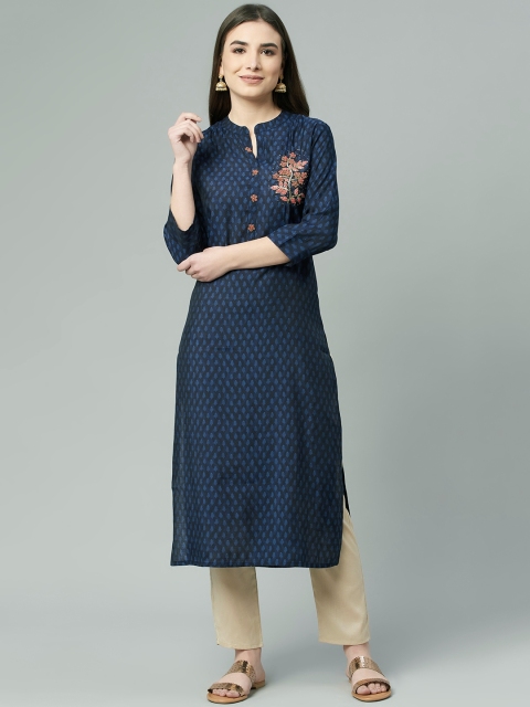 Ardozaa Women Navy Blue Thread Work Chanderi Silk Kurta