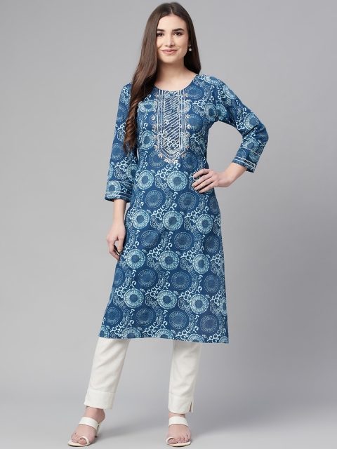 

Ardozaa Women Blue Ethnic Motifs Printed Thread Work Kurta