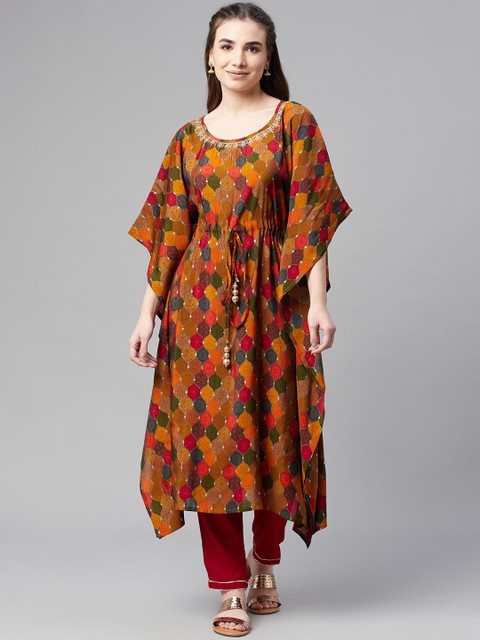 

Ardozaa Women Multicoloured Ethnic Motifs Printed Chanderi Silk Kaftan Kurta with Trousers, Multi