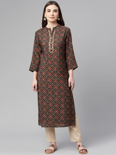 

Ardozaa Women Navy Blue & Maroon Ethnic Motifs Printed Thread Work Chanderi Silk Kurta