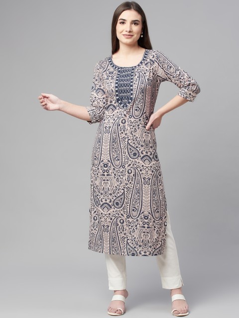 

Ardozaa Women Beige & Navy Blue Ethnic Motifs Printed Thread Work Kurta