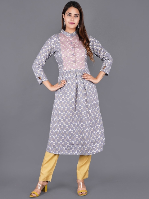 

KALINI Women Grey Geometric Printed Thread Work Kurta