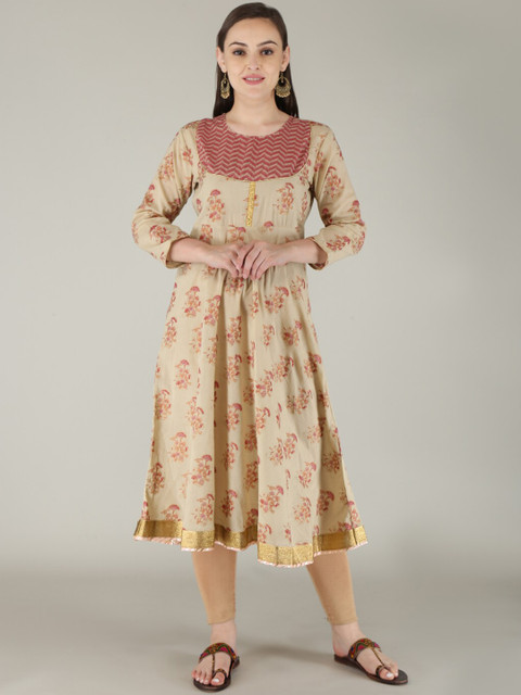 

KALINI Women Multicoloured & Cream-Coloured Floral Yoke Design Thread Work Anarkali Kurta, Multi