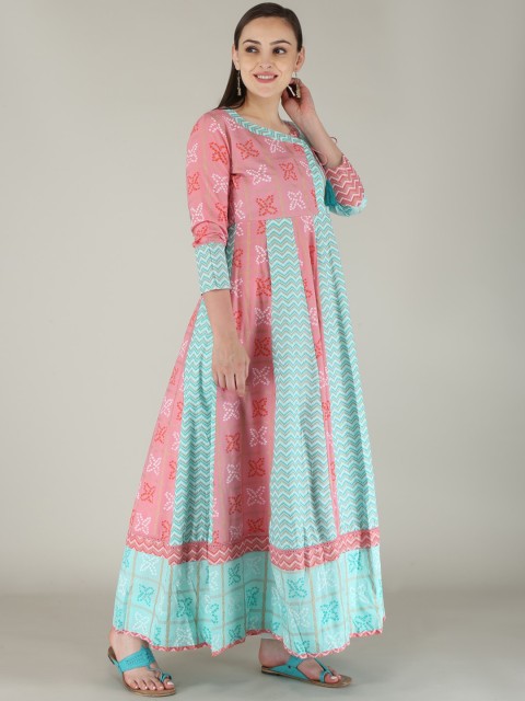 

KALINI Women Pink & Sea Green Bandhani Printed Anarkali Kurta