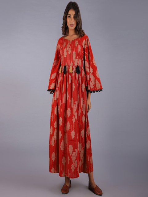 

KALINI Women Red Ethnic Motifs Cambric Printed Flared Sleeves A-Line Kurta