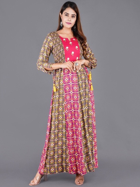 

KALINI Women Pink Geometric Printed Keyhole Neck Flared Sleeves Anarkali Kurta