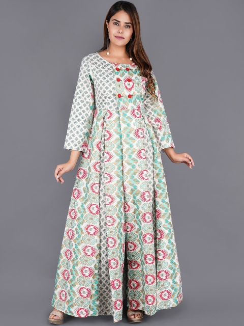 

KALINI Women Green Geometric Printed Flared Sleeves Mirror Work Anarkali Kurta