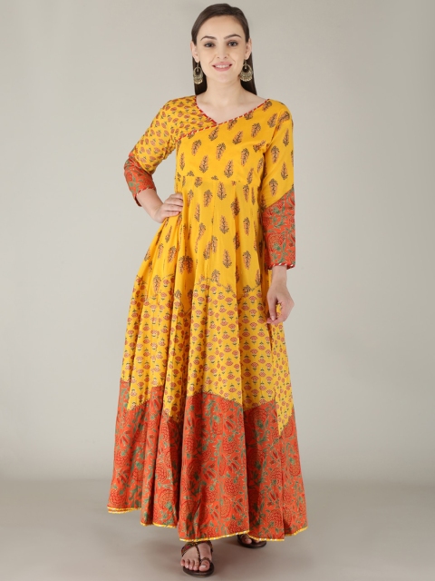 

KALINI Women Yellow Ethnic Motifs Printed Flared Sleeves Gotta Patti Anarkali Kurta