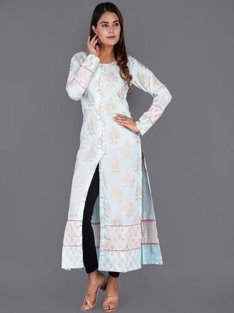 

KALINI Women Blue Floral Striped Keyhole Neck Flared Sleeves Mirror Work Kurta