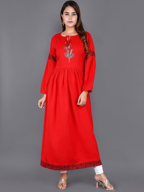 

KALINI Women Red Keyhole Neck Flared Sleeves Thread Work Kurta