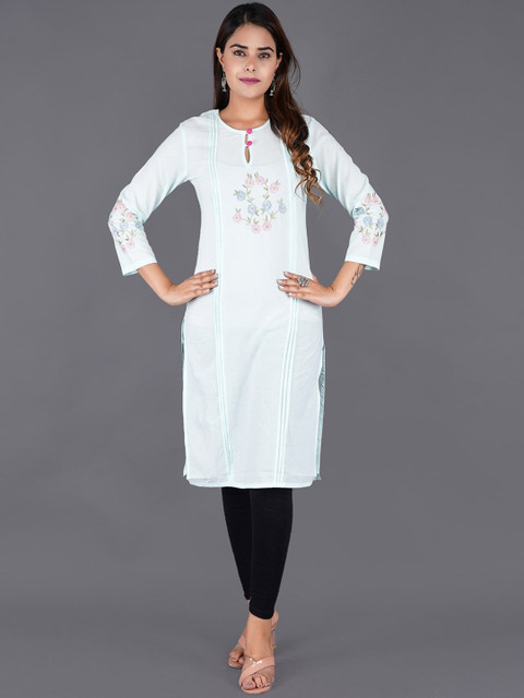 

KALINI Women Blue Floral Yoke Design Keyhole Neck Thread Work Kurta