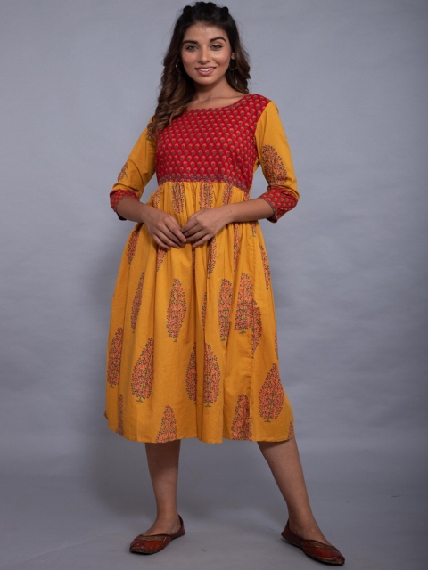 

KALINI Women Yellow Ethnic Motifs Printed Cold-Shoulder Sleeves Kurta