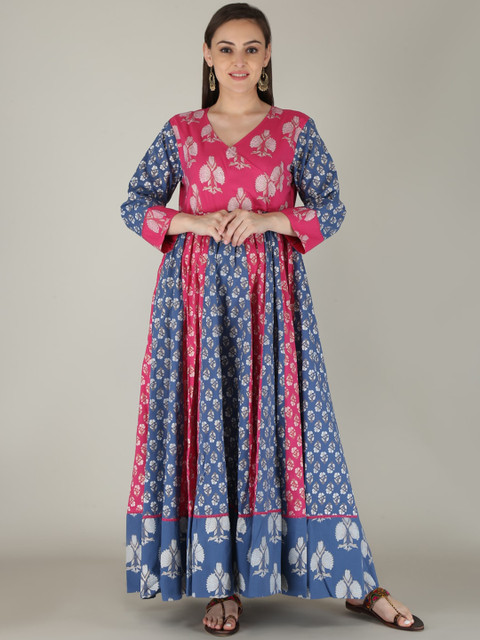 

KALINI Women Pink & Blue Ethnic Motifs Printed Anarkali Kurta