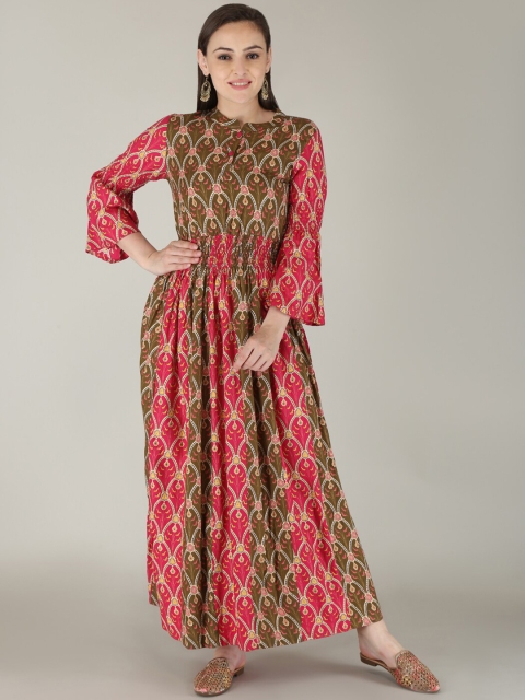 

KALINI Maroon & Olive Green Ethnic Motifs Ethnic Maxi Dress