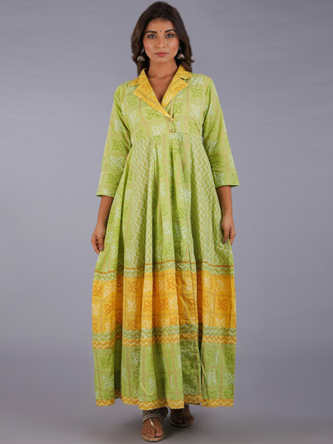 

KALINI Women Green & Yellow Bandhani Printed Gotta Patti Anarkali Kurta