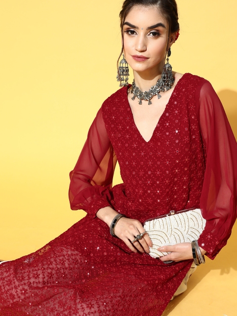 

kipek Women Maroon Ethnic Motifs Embroidered Mirror Work Georgette Kurta