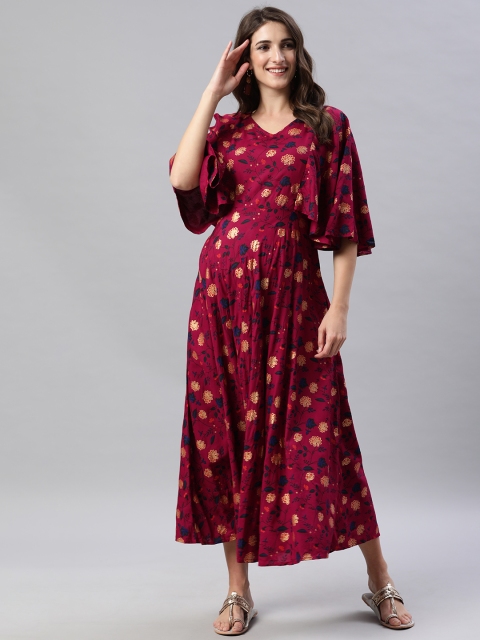 

Swishchick Burgundy & Gold-Toned Floral Printed V-Neck Rayon Fit & Flare Maternity Dress