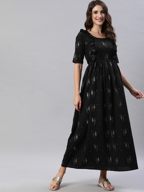 

Swishchick Black & Grey Ethnic Motifs Printed Ruffled Cotton Maternity Fit & Flare Dress