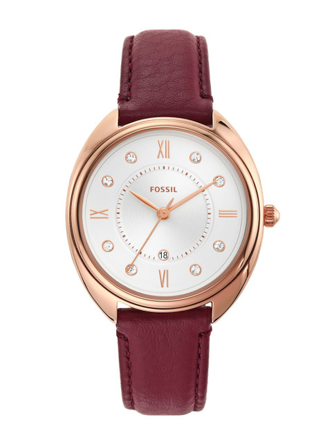 

Fossil Women White Embellished Dial & Red Leather Straps Analogue Quartz Watch ES5148