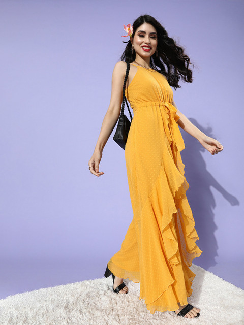

Miss Chase Women Bright Yellow Solid Dobby Weave Jumpsuit