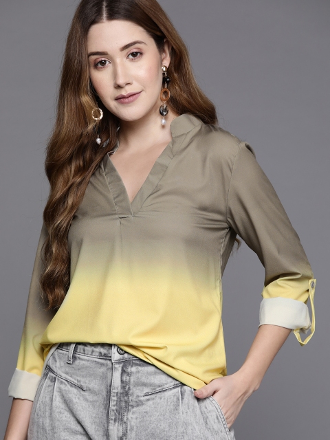 

JC Mode Yellow & Olive Green Ombre Mandarin Collar Roll-Up Sleeves Top