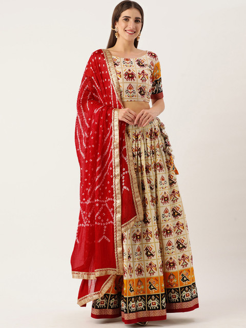 

LOOKNBOOK ART Beige & Red Printed Semi-Stitched Lehenga & Unstitched Blouse With Dupatta