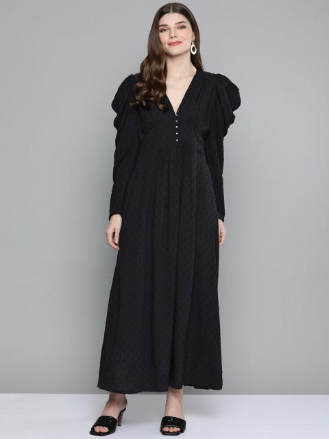 

SCOUP Women Black Puff Sleeves Dobby Maxi Dress