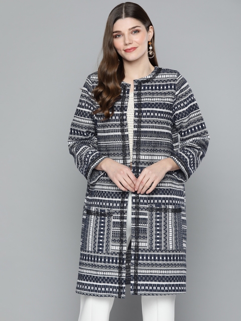 

SCOUP Women White & Navy Blue Geometric Longline Open Front Jacket