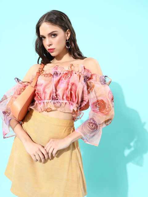 

InWeave Women Alluring Peach Printed Top with Solid Skirt