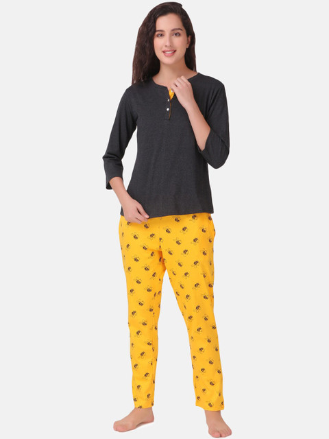 

Masha Women Black & Yellow Pure Cotton Night suit