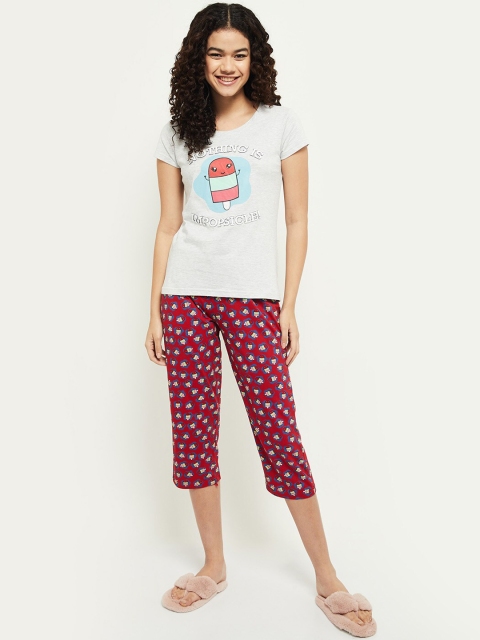 

max Women Grey Melange & Maroon Printed Pure Cotton Night suit