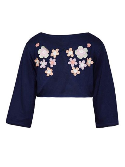 

A Little Fable Girls Navy Blue & Peach-Coloured Party Embroidered Crop Button Shrug