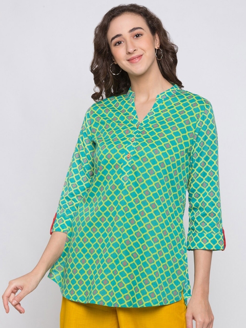 

Globus Green Print Mandarin Collar Roll-Up Sleeves Top