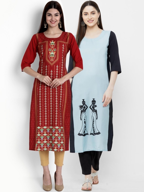 

Ethnic basket Women Maroon & Black Pack Of 2 Ethnic Motifs Printed Crepe Kurtas