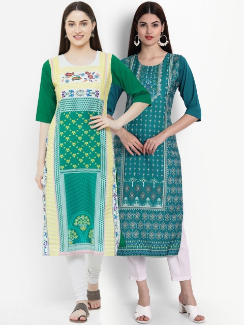 Ethnic basket Women Pack of 2 Green & Blue Ethnic Motifs Printed Crepe Kurta