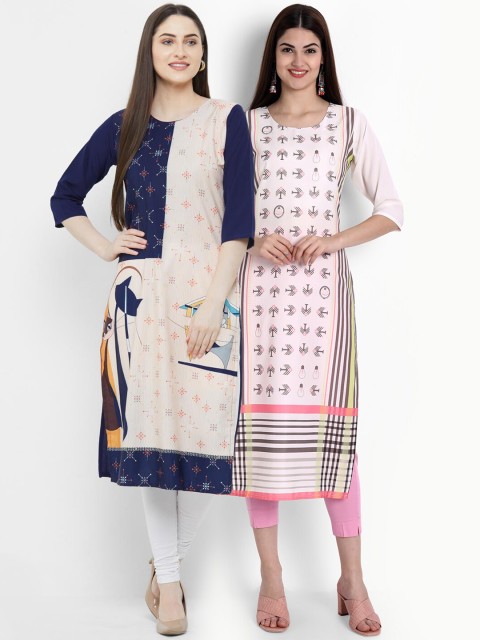 

Ethnic basket Women Pack Of 2 Pink & Peach-Coloured Printed Crepe Kurta
