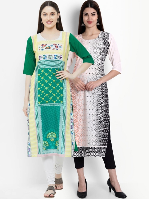 

Ethnic basket Women Pack of 2 Green & White Geometric Printed Crepe Kurta