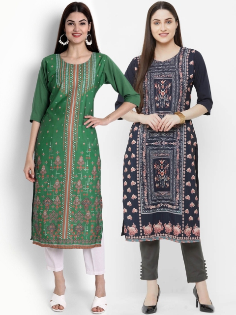 

Ethnic basket Women Pack Of 2 Green & Blue Printed Crepe Kurta