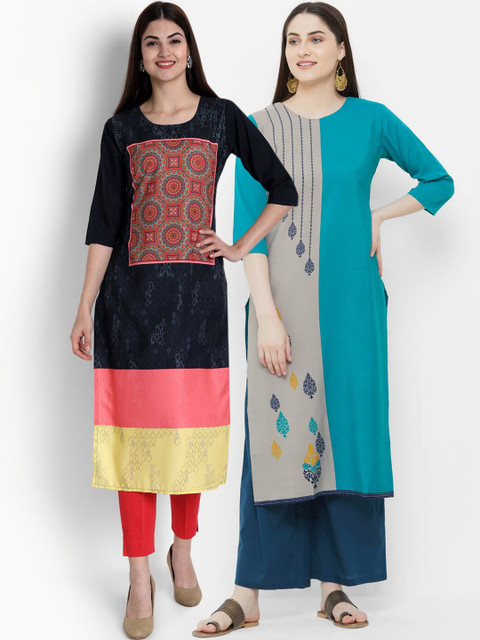 

Ethnic basket Women Pack Of 2 Blue & Black Printed Crepe Kurta