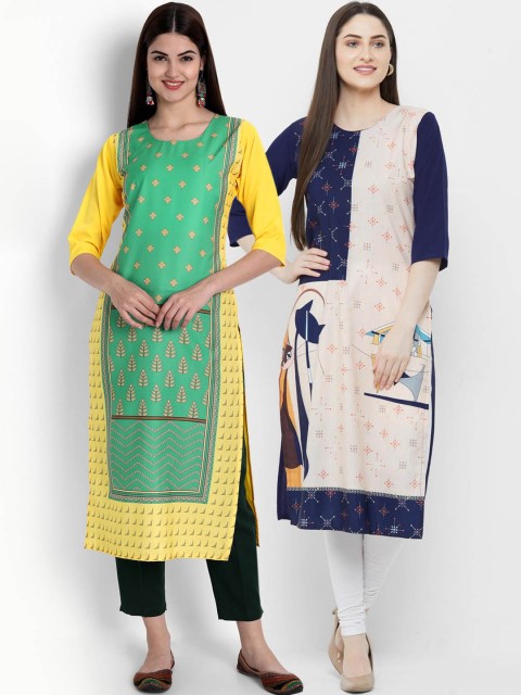 

Ethnic basket Women Pack of 2 Yellow & Blue Printed Crepe Kurta