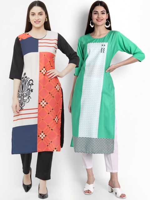 

Ethnic basket Women Pack of 2 Green & Peach-Coloured Printed Crepe Kurta