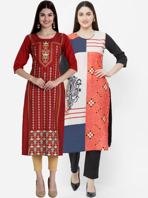 

Ethnic basket Women Maroon & Navy Blue Pack Of 2 Ethnic Motifs Printed Crepe Kurtas