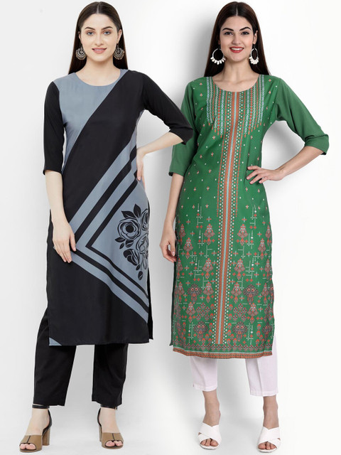 

Ethnic basket Women Pack of 2 Black & Green Ethnic Motifs Printed Crepe Kurta