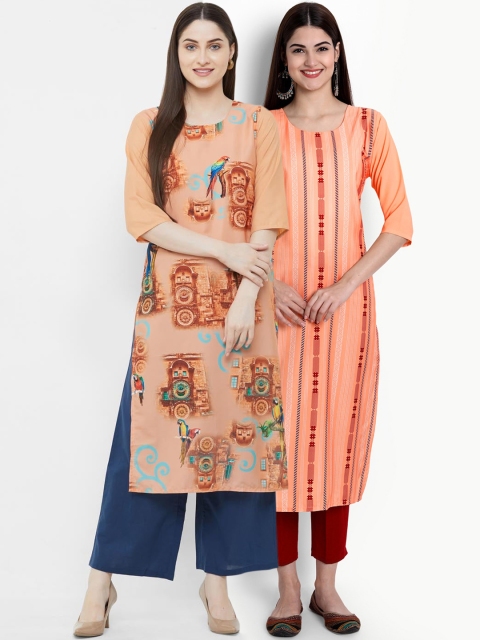 

Ethnic basket Pack of 2 Women Peach Printed Crepe Kurta