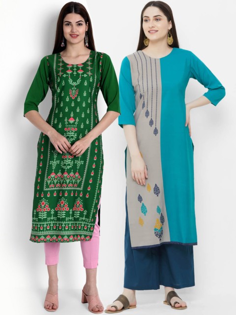 

Ethnic basket Women Pack of 2 Green & Blue Ethnic Motifs Printed Crepe Kurta