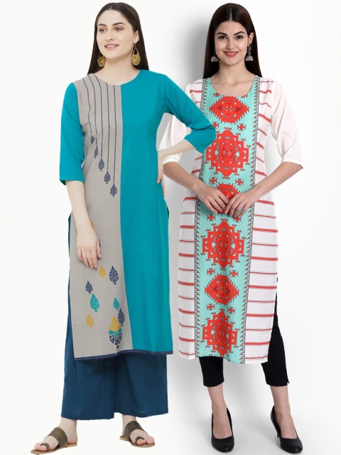 

Ethnic basket Women Pack of 2 Blue & White Geometric Printed Crepe Kurta